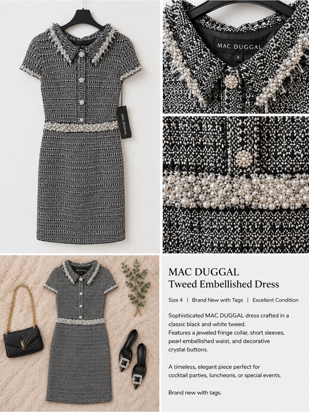 Mac Duggal Black and White Tweed Pearl-Embellished Dress